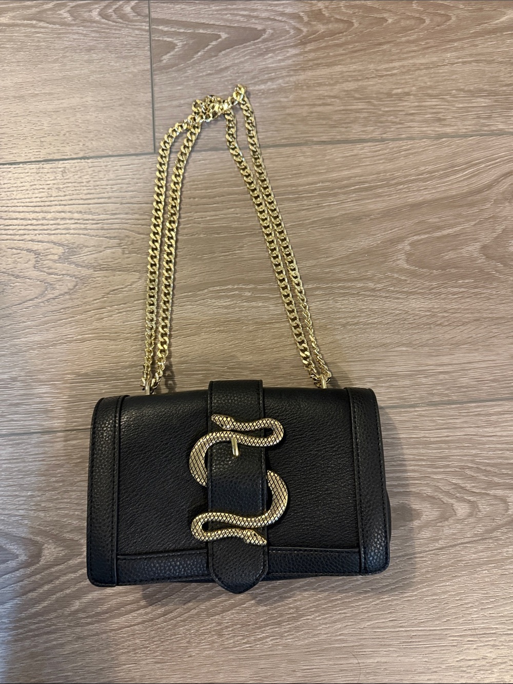 Express Women's Black Leather Shoulder Bag with Gold Chain and Snake Accent